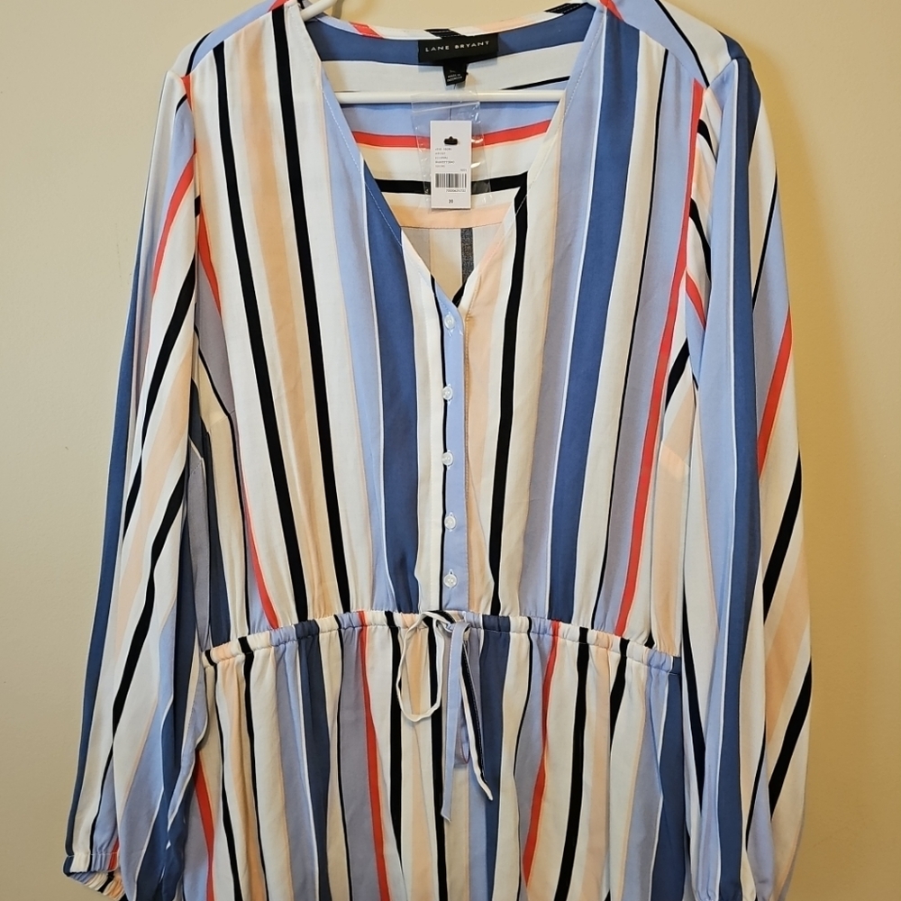 Lane Bryant Women Plus Size 20 Blue Stripe V-neck Button Up‎ Top Long Sleeve